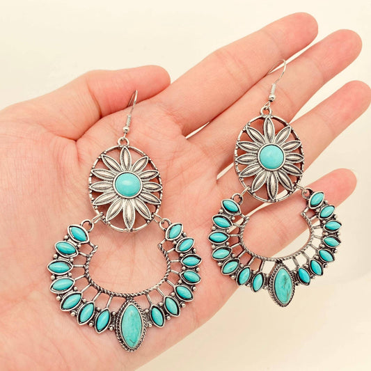 Turquoise Flower Shape Hollow Dangle Earrings