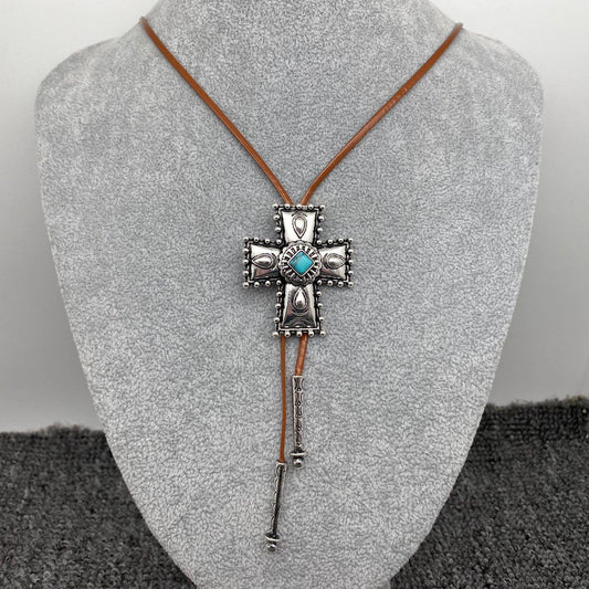 Turquoise Cross Charm Leather Rope Lariat Necklace