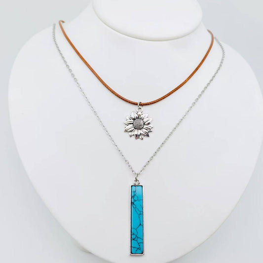 Double Layer Necklaces Sunflower Turquoise Pendant