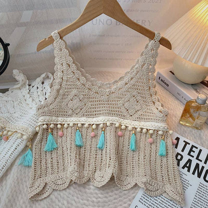 Vintage Fringe Hollow-Out Sleeveless Knit Top