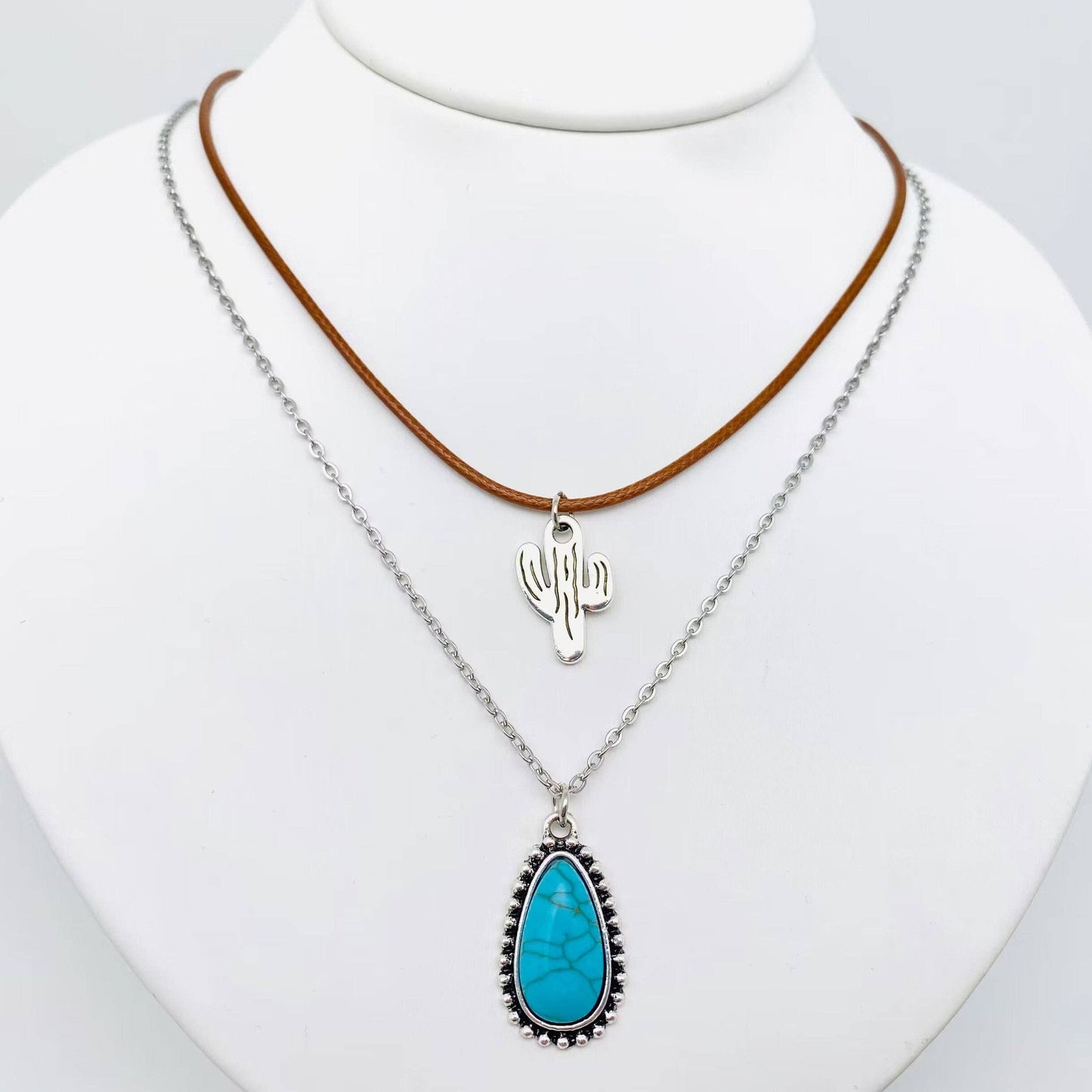 Western Cactus Turquoise Pendant Double layer Necklace