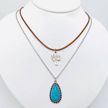 Western Cactus Turquoise Pendant Double layer Necklace