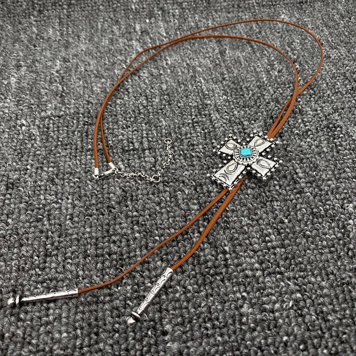 Turquoise Cross Charm Leather Rope Lariat Necklace