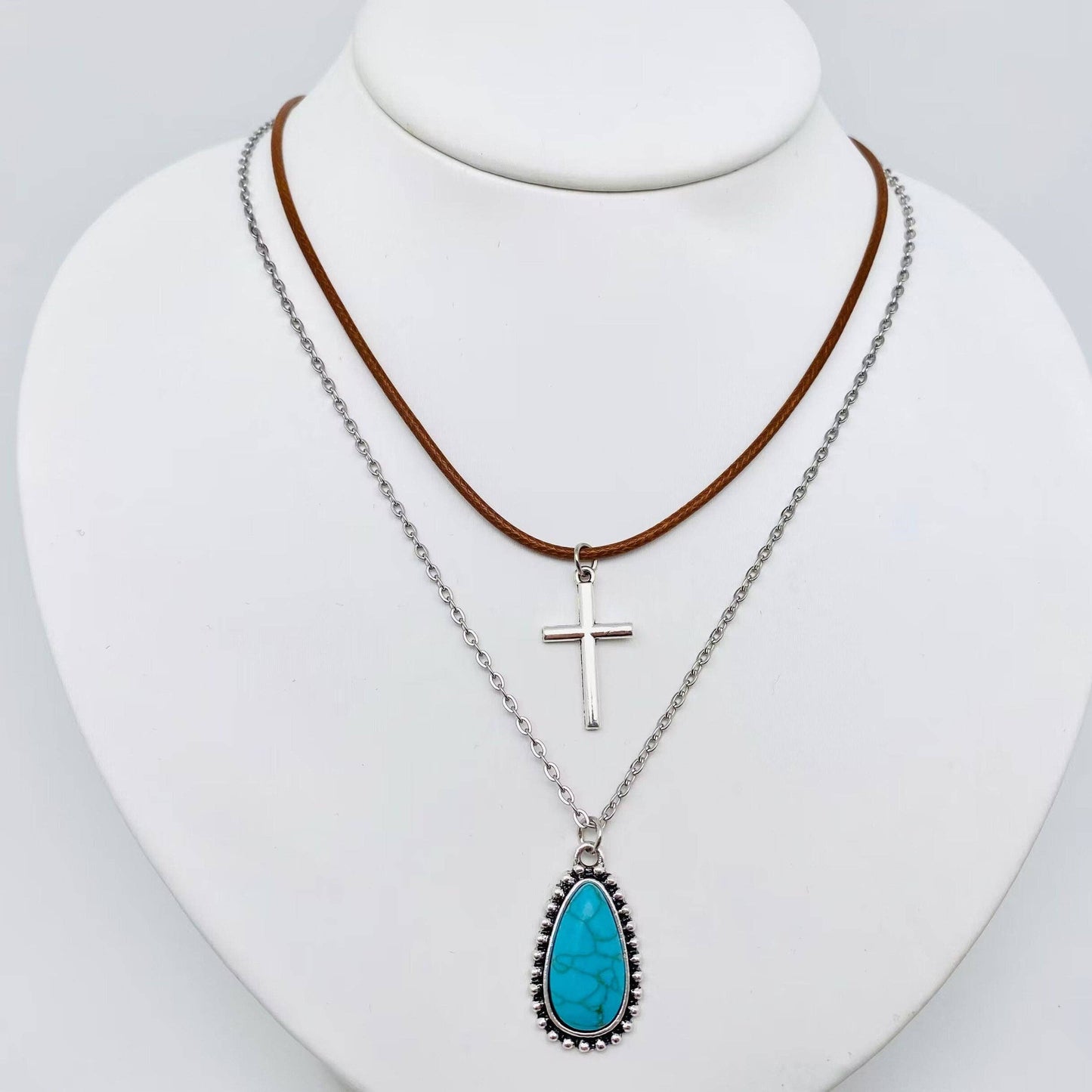 Western Cactus Turquoise Pendant Double layer Necklace