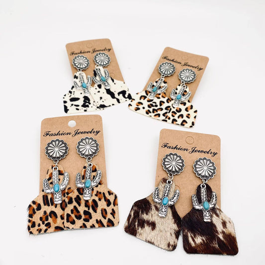 Western Animal Print Leather Cactus Turquoise Earrings