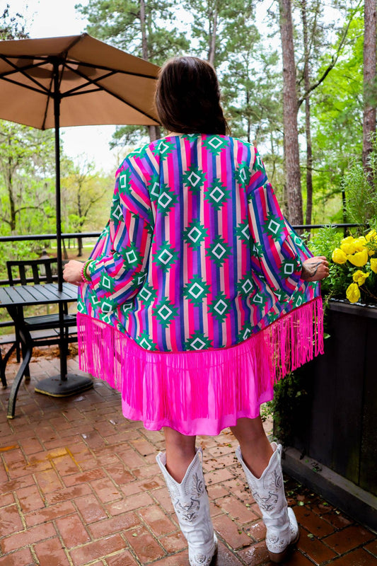 MK364 Guadalupe Sheer Aztec Kimono with Sequin Fringe