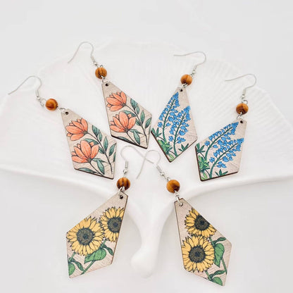 Flower Pattern Wooden Dangle Earrings