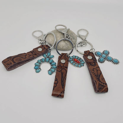 Leather Western Style Turquoise Pendant Keychains  - WJ