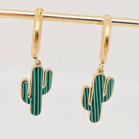 Enamel Cactus Stainless Steel Pendant Earrings - FGS/WJ