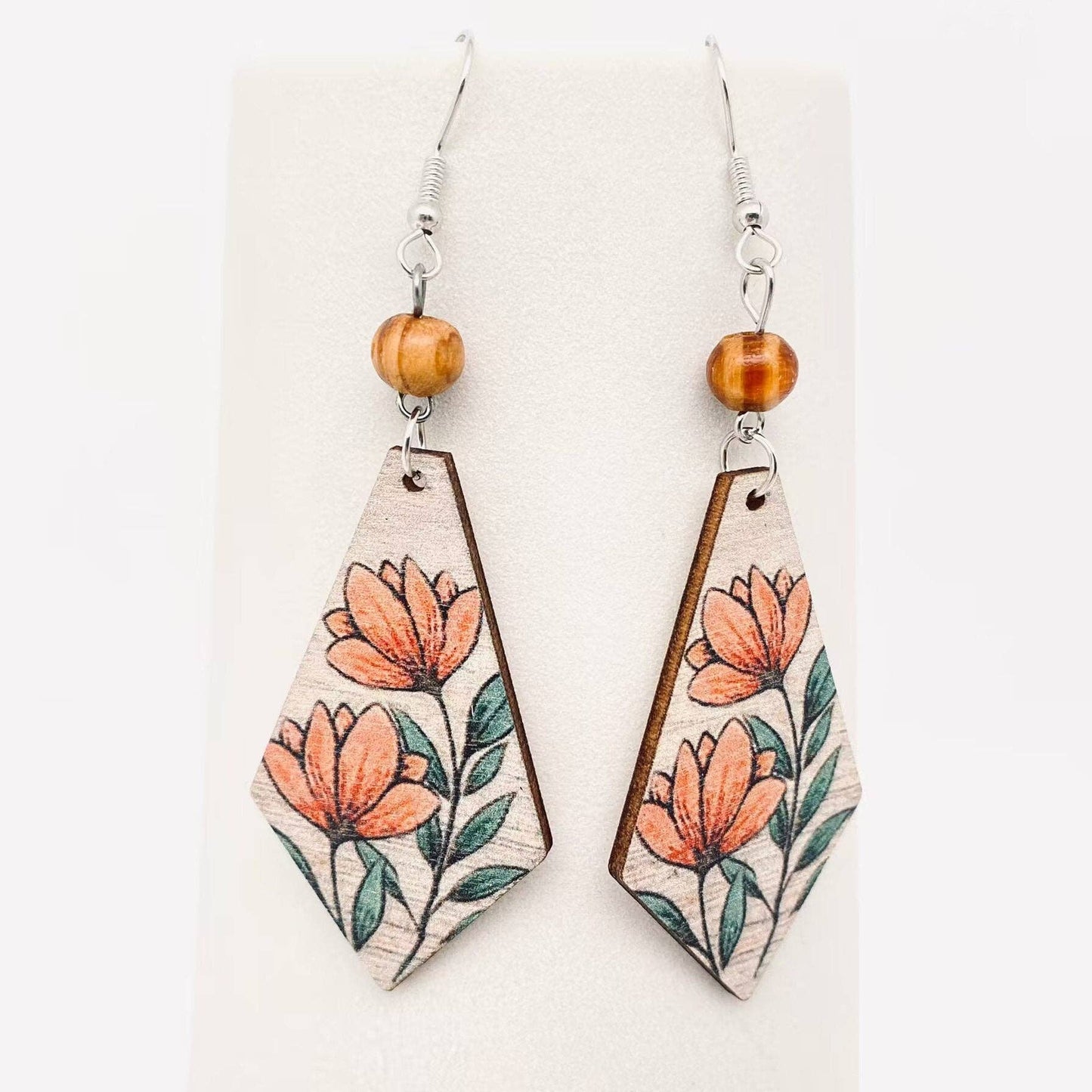 Flower Pattern Wooden Dangle Earrings