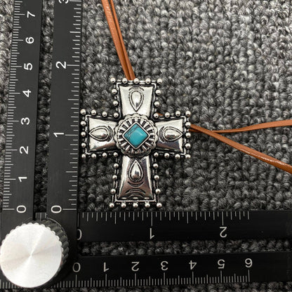 Turquoise Cross Charm Leather Rope Lariat Necklace