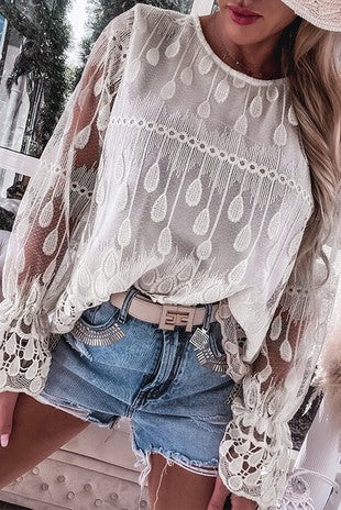 Embroidered Mesh Sleeve Blouse