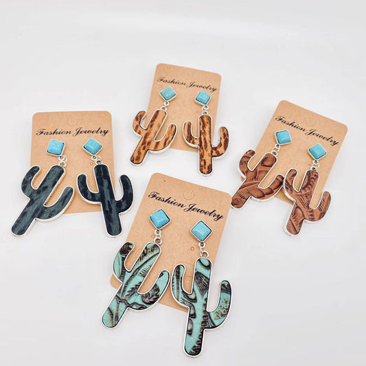 Cactus Embossed Cowhide Turquoise Western Style Earrings -WJ