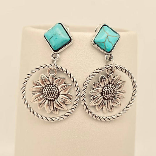 Western Style Sunflower Pendant Post Earrings