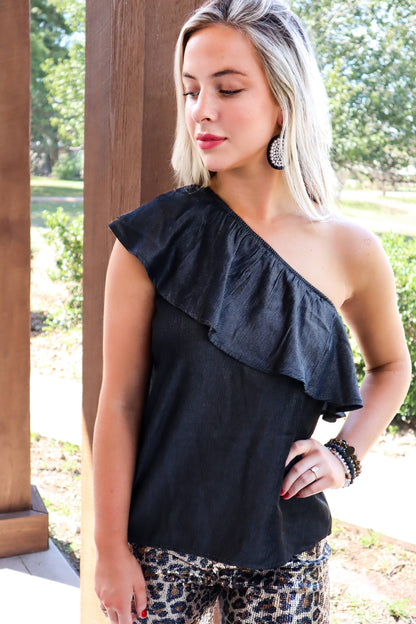 MK088 Ticket to Ride One-Shoulder Chambray Top - 3 Colors