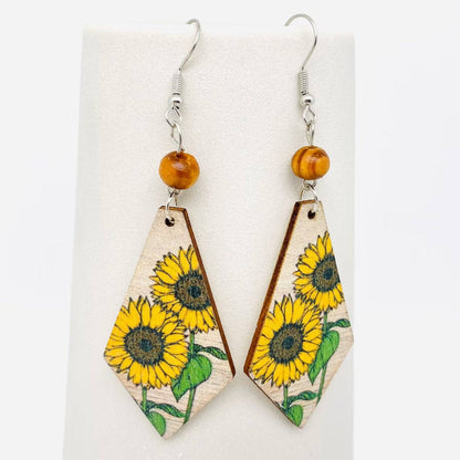 Flower Pattern Wooden Dangle Earrings