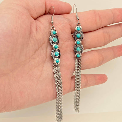 Turquoise Charm Chain Fringe Dangle Earrings